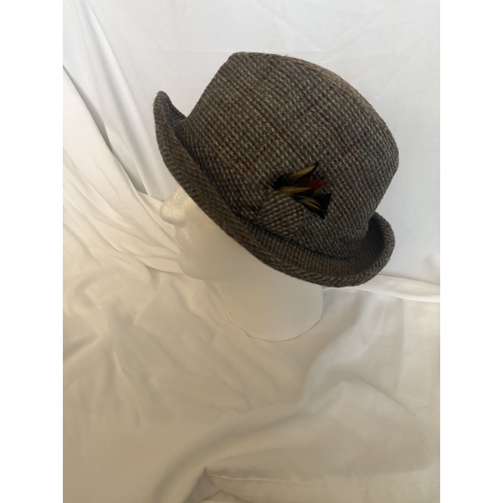 Stevens Reg. Fedora Hat Tweed Plaid Band Feathers 7 1/2 Men‎ - Vintage